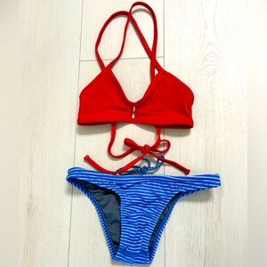 JOLYN Bikini Set. Red Top X-Small, Blue Striped Bottom Small. Gently Used.